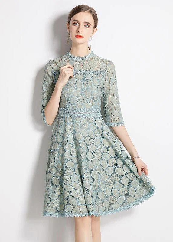 layered dressSlim Fit Light Blue Embroideried Patchwork Lace Dress Half Sleeve