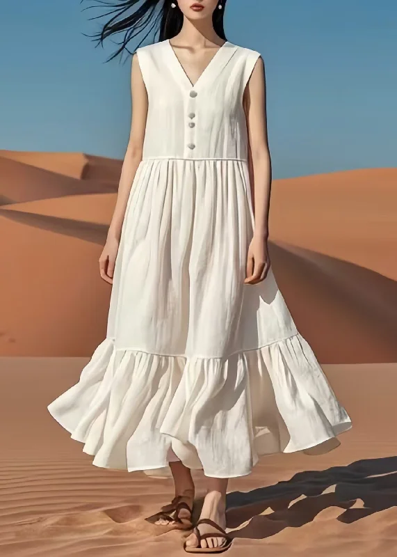 Price Drop off-the-shoulder dressVintage White V Neck Patchwork Cotton Long Dresses Summer