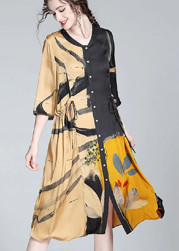 Super Bargain printed dressStylish Colorblock Stand Collar Print Wrinkled Silk Dresses Bracelet Sleeve