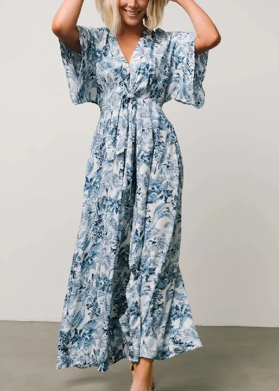 Friends and Family Sale Bohemian Blue Print Lace Up Pockets Cotton Jumpsuit Summer AU1010