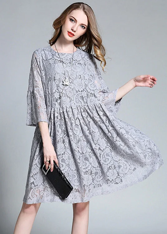 vintage-inspired dressFrench Grey O-Neck Hollow Out Lace Mid Dress Bracelet Sleeve