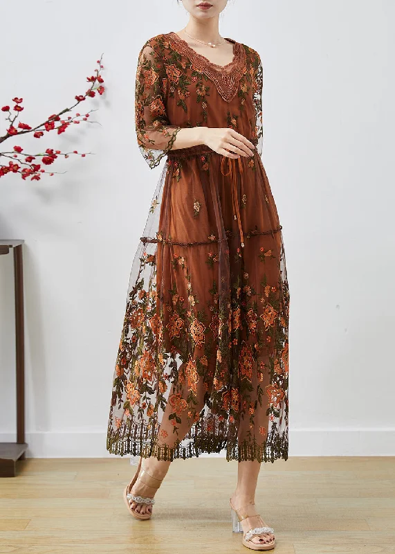 Deal Mania ruched dressHandmade Brown Embroidered Tulle Cinched Dress Summer