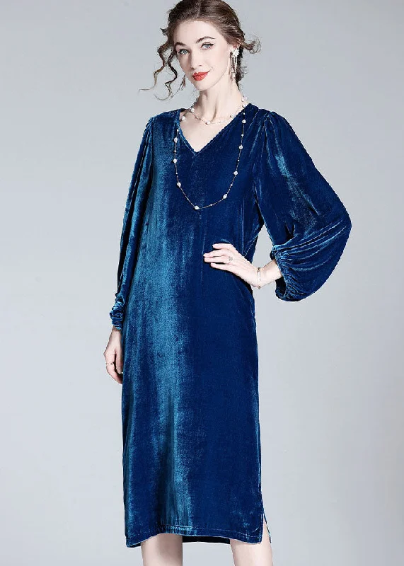 Clearance Sale off-shoulder dressStyle Blue V Neck Patchwork Wrinkled Silk Velour Dresses Spring