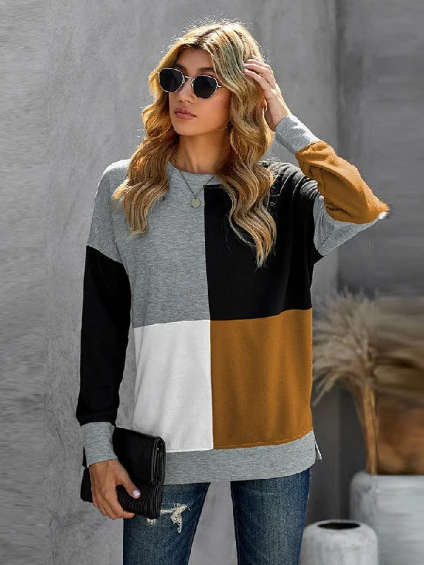 One-DAY Sale Women'S Loose Fit Round Neck Sweatshirt With Contrast Color Detail - Long Sleeve Top