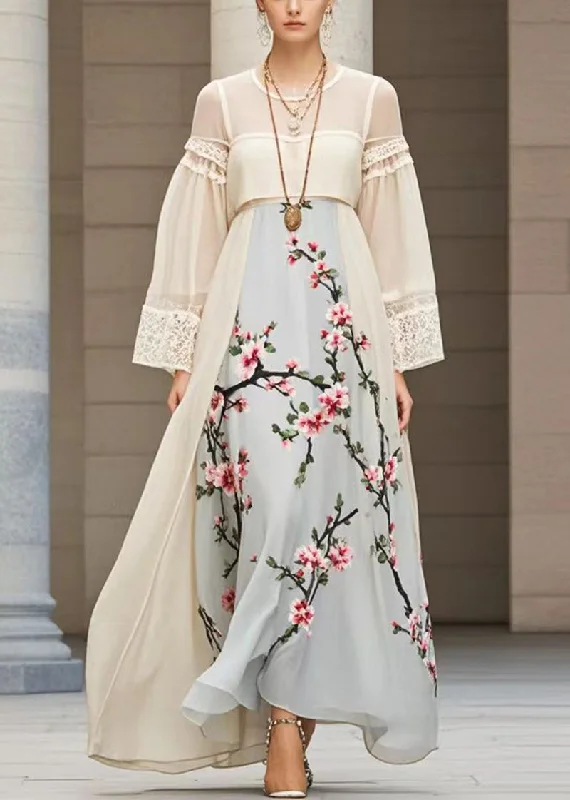Year-End Sale elegant evening dressOriginal Design Milk White Print Chiffon Holiday Dress Fall