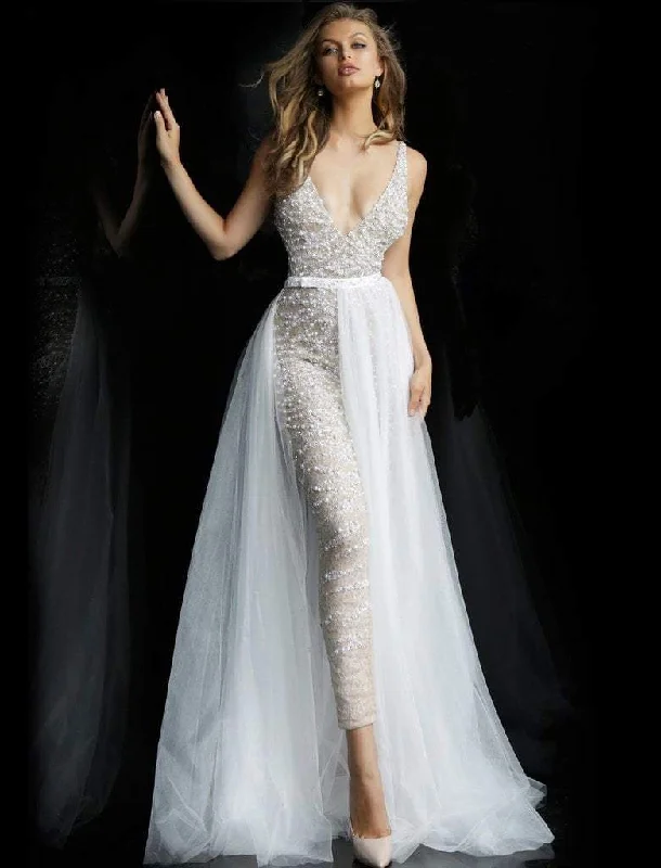 Hurry In Jovani - Beaded Deep V-neck Jumpsuit With Tulle Overskirt 60010