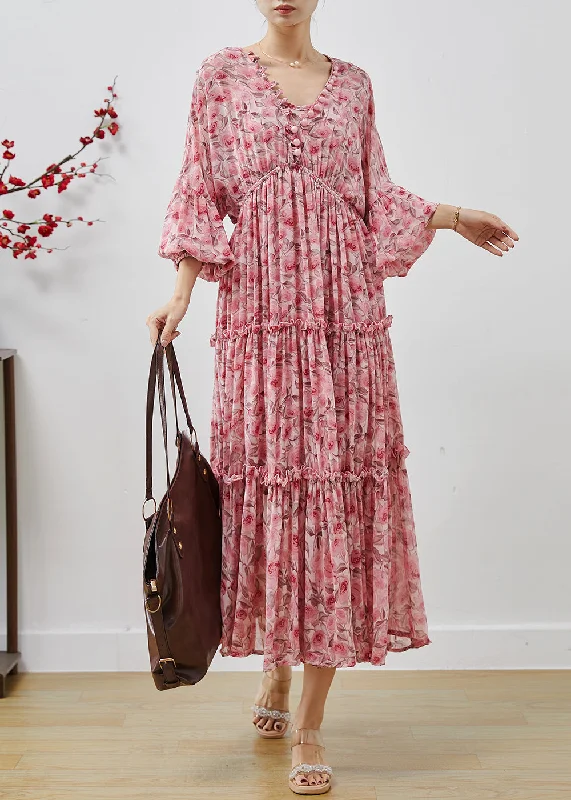 Amazing Deals sophisticated dressBohemian Pink Ruffled Print Chiffon Maxi Dresses Lantern Sleeve Amazing Deals sophisticated dressBohemian Pink Ruffled Print Chiffon Maxi Dresses Lantern Sleeve