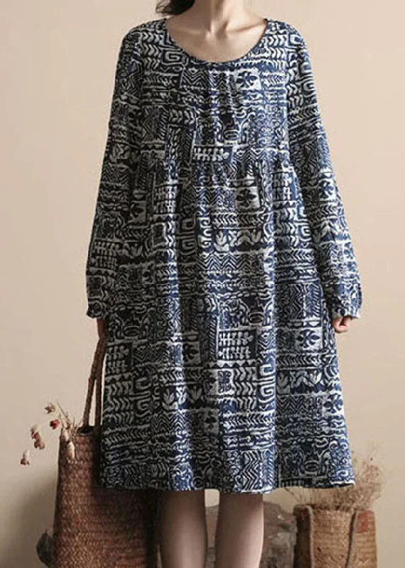 boho-chic dressBoho Blue O Neck Print Patchwork Linen Dress Long Sleeve