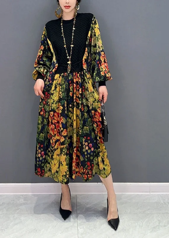 Limited Quantity t-shirt dressGreen Patchwork Knit Chiffon Maxi Dress Exra Large Hem Lantern Sleeve