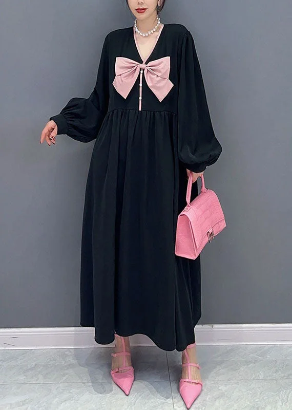 Steals and Deals lace-up dressUnique Black V Neck Bow Patchwork Cotton Princess Dress Spring