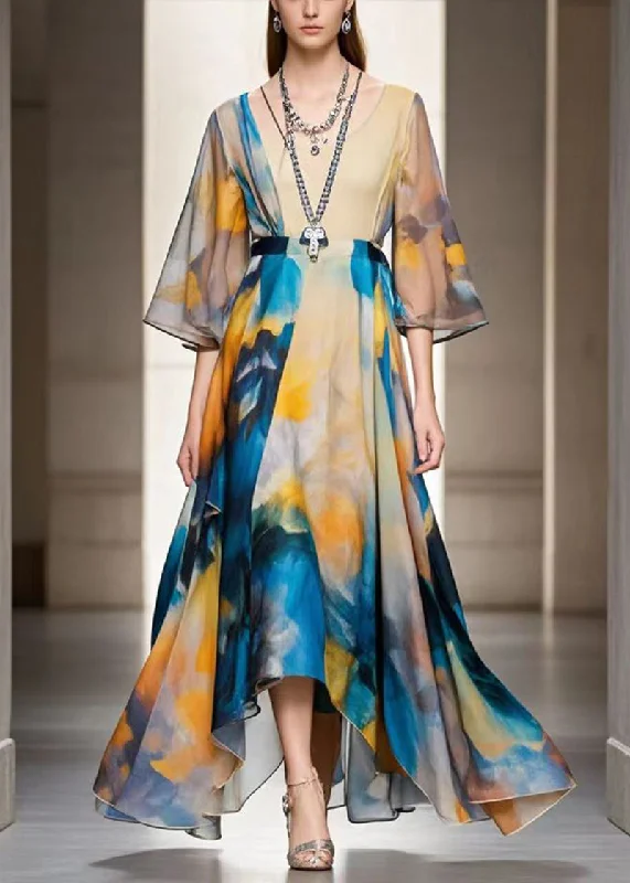 While Supplies Last summer floral dressItalian Blue Tie Dye Exra Large Hem Chiffon Maxi Dresses Fall