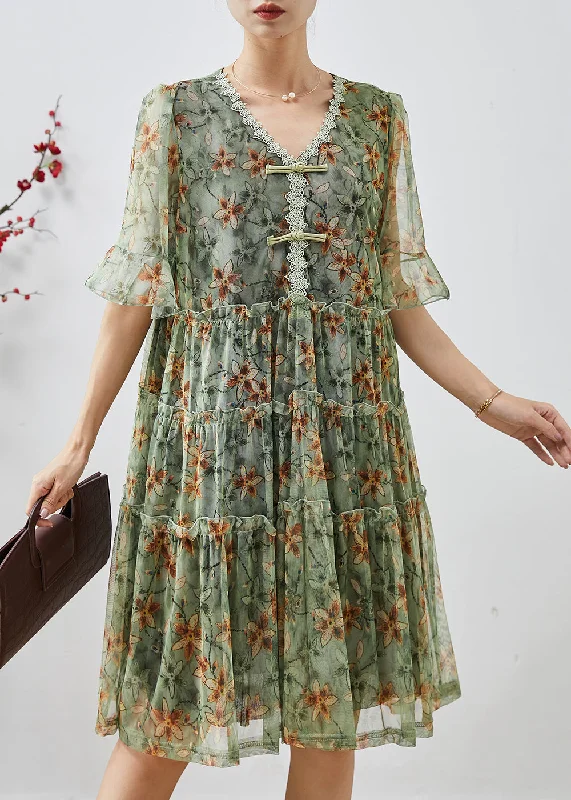Price Fest tiered dressStylish Green Ruffled Print Chiffon Vacation Dress Summer