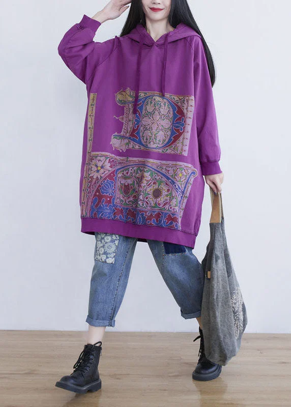 playful dressFine Purple Hooded Print Cotton Mid Dress Spring