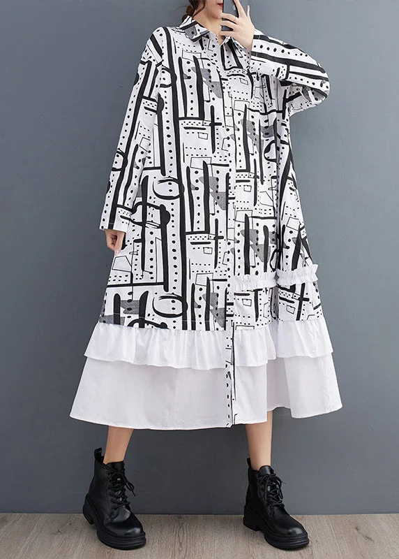 Amazing Deals silk dressWhite Patchwork Cotton Dresses Ruffled Print Fall