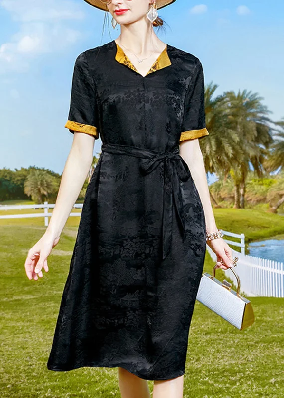 off-the-shoulder dressElegant Black Jacquard Tie Waist Silk Oriental Dresses Short Sleeve