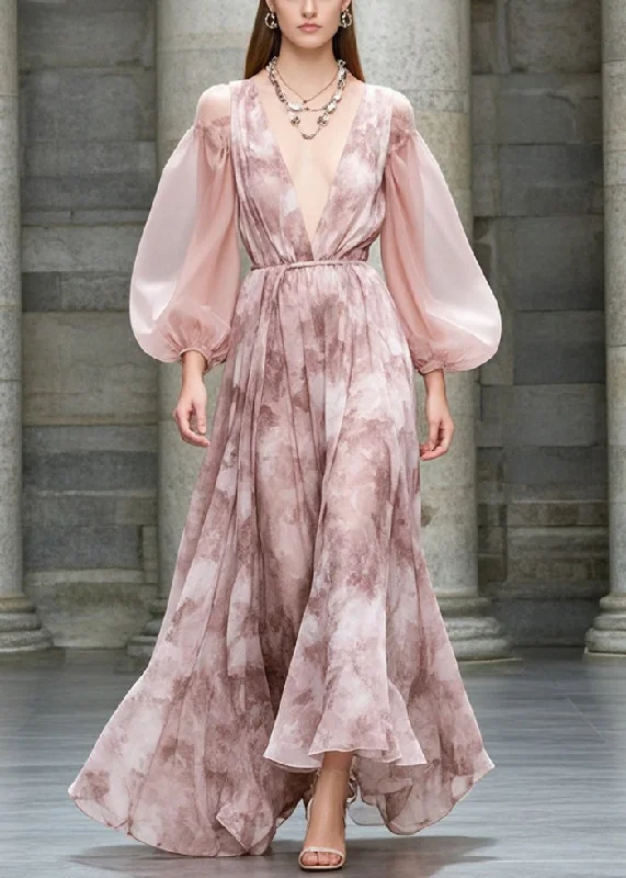 Customer Appreciation Sale playful dressStyle Pink Cold Shoulder Print Chiffon Party Dresses Fall
