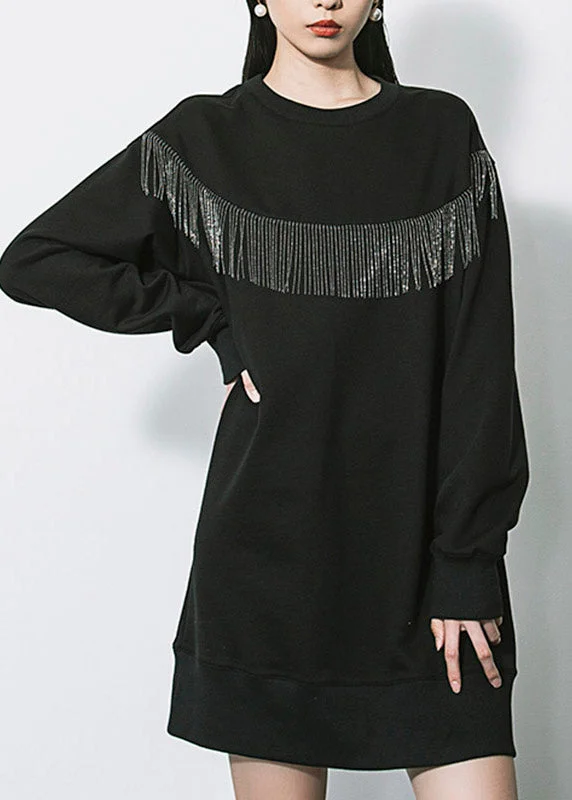 pleated dressUnique Black O-Neck Tassel Sequins Cotton Mid Dresses Long Sleeve