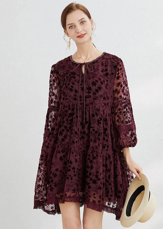 vintage dressBoho Mulberry O-Neck Lace Up Silk Velour Mid Dress Long Sleeve