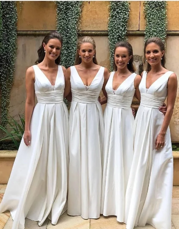 Closeout Sale casual midi dressLong V-neck White Bridesmaid Dress