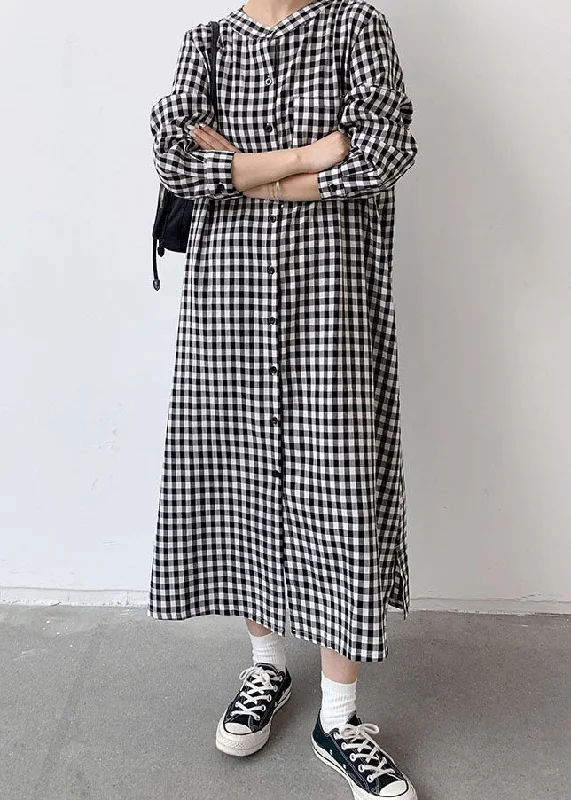 Referral Discount winter dressArt Black Plaid Wrinkled Patchwork Long Cotton Shirts Dresses Spring