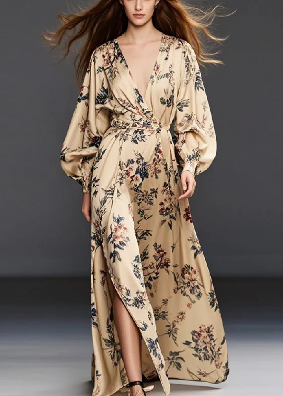 satin midi dressCasual Khaki Print Side Open Chiffon Long Dress Spring