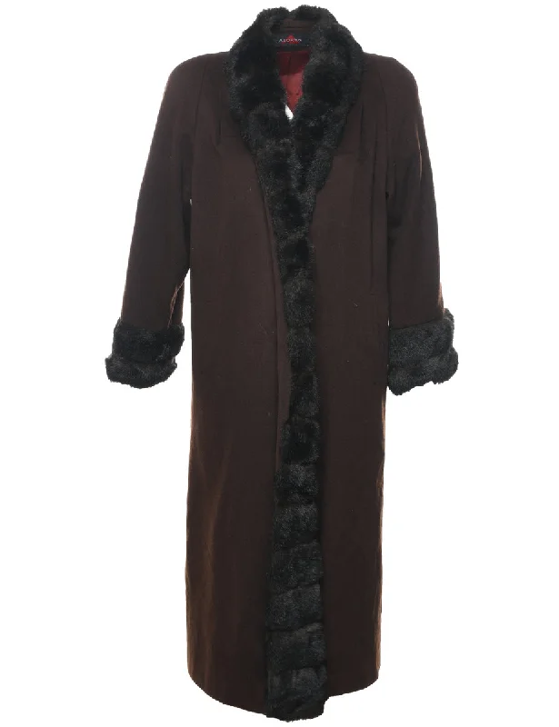 Today Only fitted coatDark Brown Faux Fur Trim Black & Dark Brown Wool Coat - L
