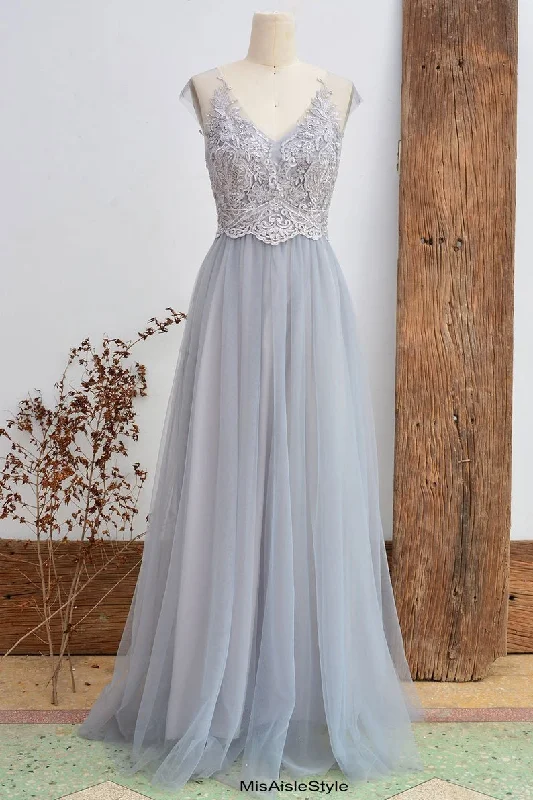 Limited Stock spaghetti strap dressLong Silver Lace Bridesmaid Dress