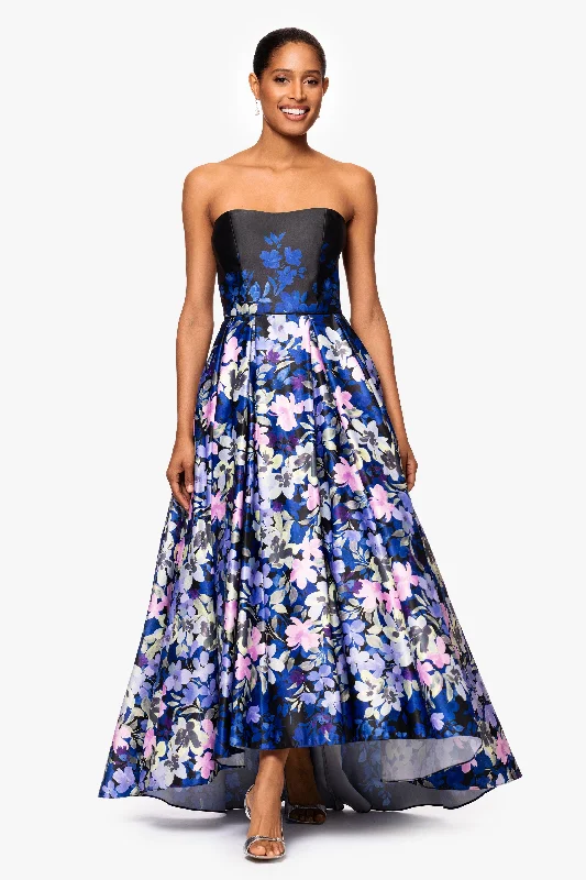 Buy Now fitted bodycon dress"Abbey" Satin Print High Low Ballgown
