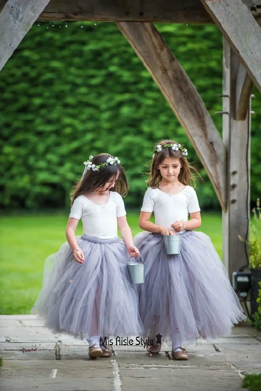 Blowout Sale one-shoulder dressSilver Grey Tulle Flower Girl Dress