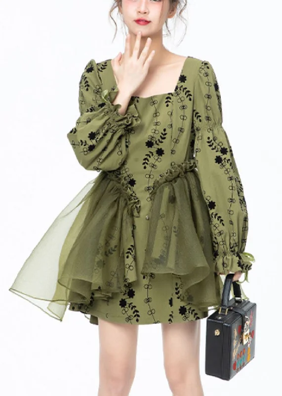 stylish party dressBeautiful Green Square Collar Print Tulle Patchwork Mid Dresses Long Sleeve