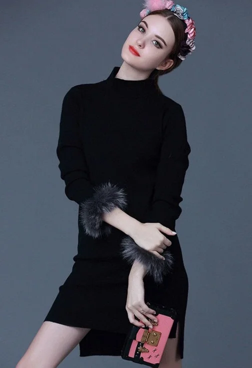 elegant dressWool Dress W/ Fur Detail