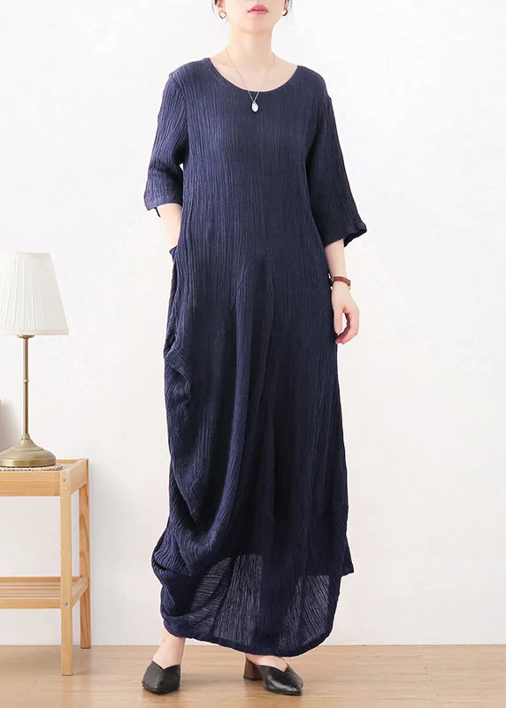 Act Now off-shoulder dressDark Blue O-Neck Asymmetrical Linen Dress Long Sleeve