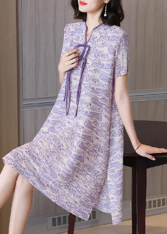 denim dressPurple Print Elegant Silk Mid Dress Stand Collar Draping Short Sleeve