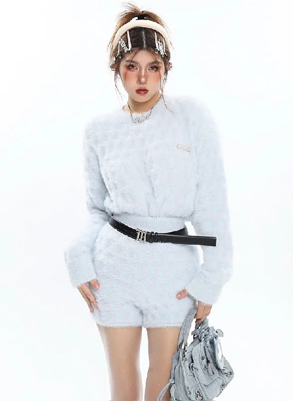 Hurry In Valerie Solid Color Fluffy Long Sleeve Sweatshirt Shorts Matching Set