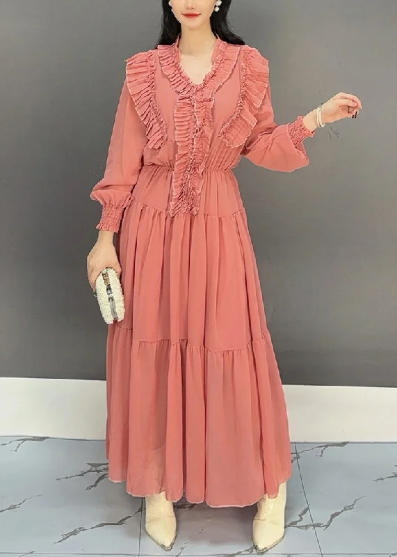 Huge Discounts trendy wrap dressFashion Rubber Red V Neck Ruffled Chiffon Dresses Fall