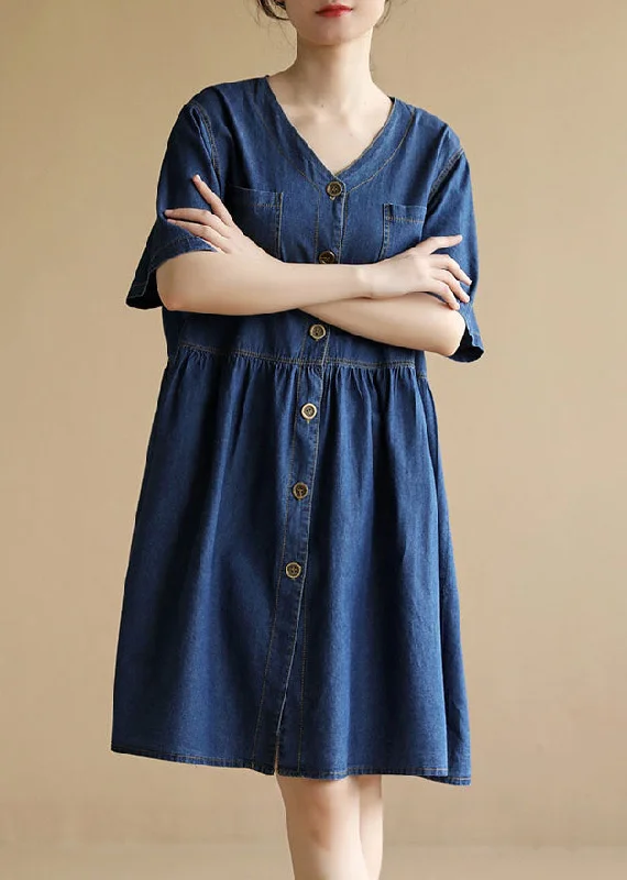 relaxed fit dressWomen Denim Blue V Neck Pockets Cotton A Line Dress Short Sleeve