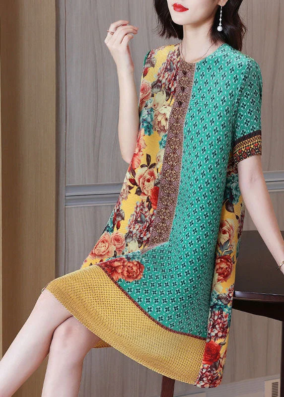 v-neck dressSimple Green Yellow O-Neck Wrinkled Print Silk Holiday Dress Short Sleeve