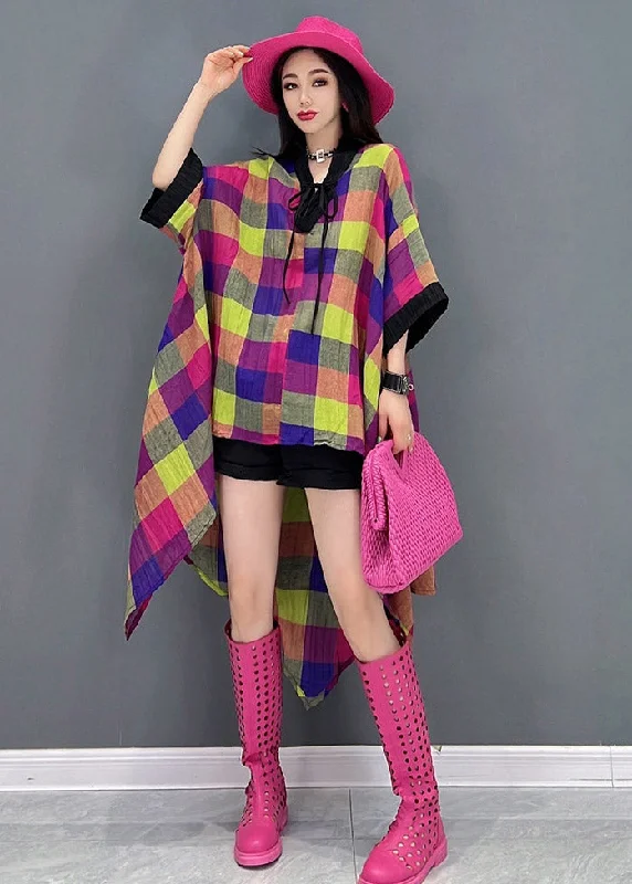 Closeout shift dressBeautiful V Neck Asymmetrical Low High Design Plaid Dress Long Sleeve