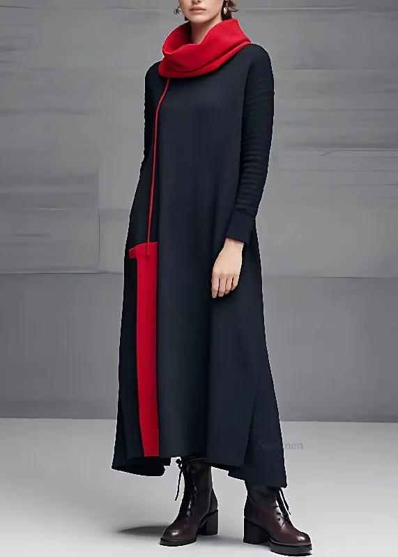 Crazy Deals off-the-shoulder dressCasual Black Turtleneck Long Dresses Long Sleeve