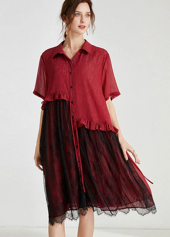 casual slip dressFashion Red Peter Pan Collar Lace Patchwork Tasseled Chiffon Day Dress Spring