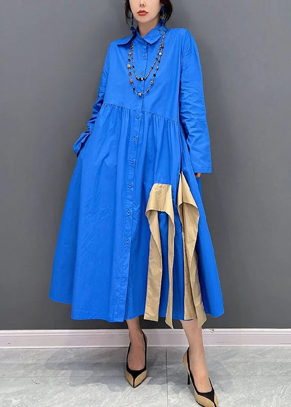 Deep Discounts satin dressArt Blue Asymmetrical Design Patchwork Cotton Maxi Dresses Fall