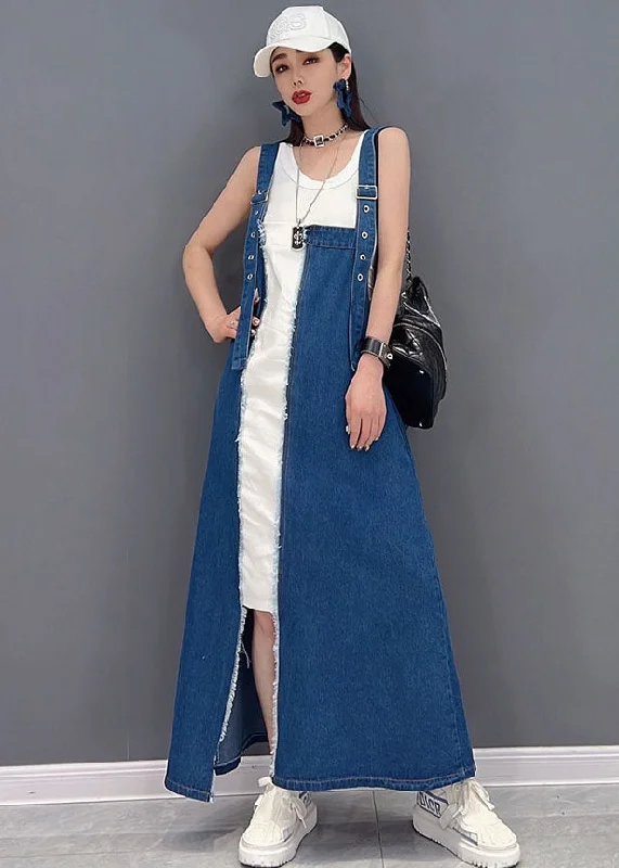 Deep Discounts lace-up dressItalian Denim Blue Patchwork Cotton Fake Two Piece Strap Dresses Summer