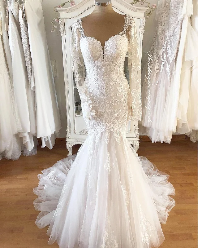 Quick Sale comfy maxi dressMermaid V-back Long Sleeve Lace Wedding Dress