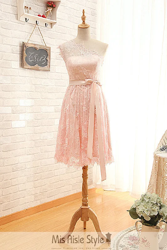 Massive Deals floral dressShort One Shoulder Pearl Pink Lace Bridesmaid Dress