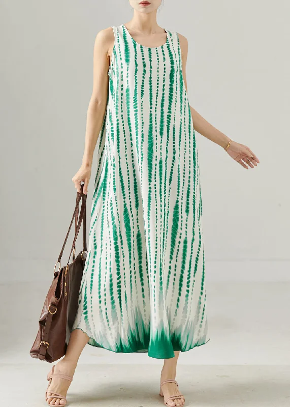 Exclusive Deal elegant dressGreen Striped Cotton Ankle Dress Oversized Summer