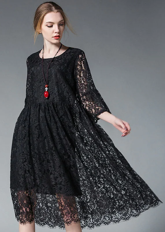 casual slip dressElegant Black O-Neck Hollow Out Lace Party Dress Flare Sleeve