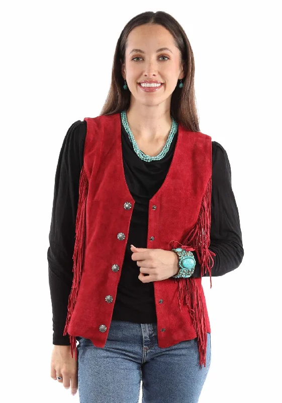 windbreaker jacketScully Womens Snap Front Fringe Red Suede Leather Leather Vest