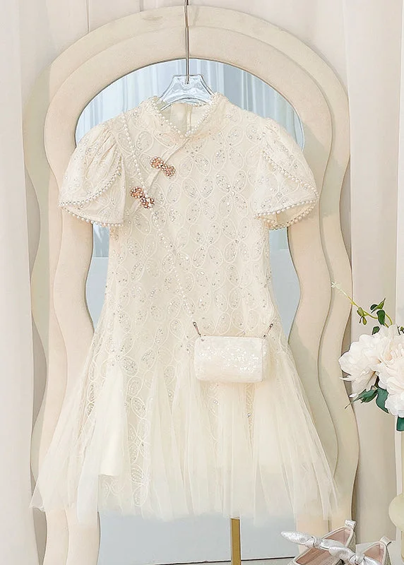 Stock Up and Save spaghetti strap dressArt Beige Nail Bead Tulle Patchwork Kids Long Dress Short Sleeve Stock Up and Save spaghetti strap dressArt Beige Nail Bead Tulle Patchwork Kids Long Dress Short Sleeve