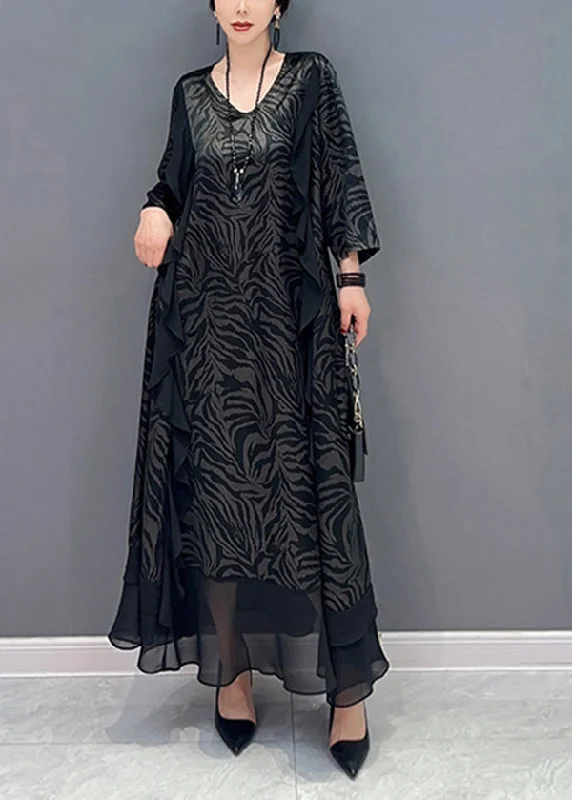 Exclusive Deal casual knit dressBlack Patchwork Silk A Line Dress Ruffles Zebra Pattern Summer
