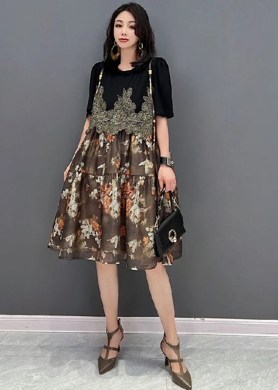 flowy evening dressUnique Brown O-Neck Embroideried Patchwork Print Mid Dress Short Sleeve